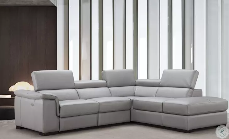 Perla Light Gray Premium Leather Power Reclining RAF Sectional