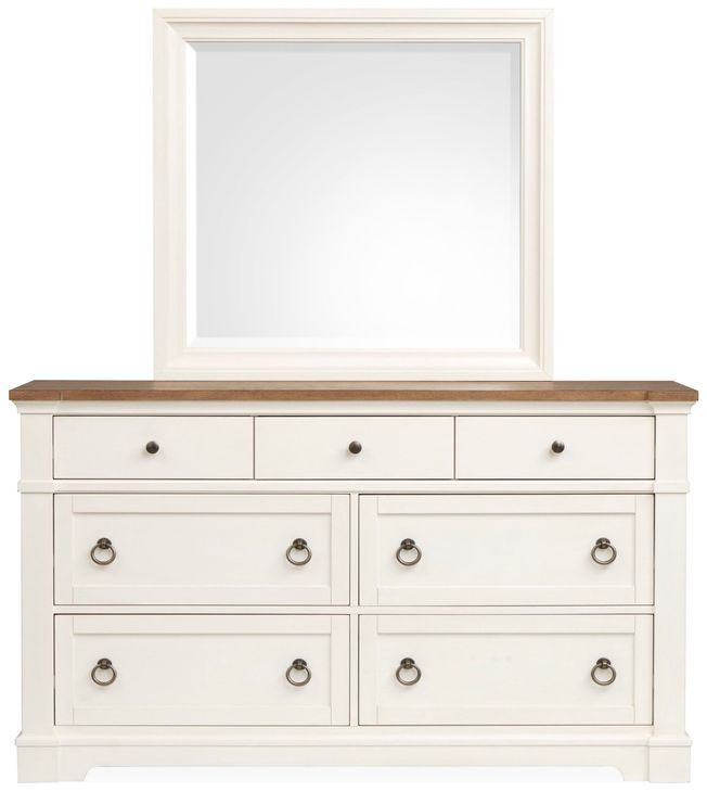 Crownfall Whisper White and Cerused Nutmeg 7 Drawer Dresser with Rectangular Mirror