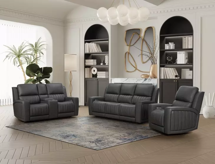 Pierce Homerun Dark Gray Leather Zero Gravity Power Reclining Living Room Set with Power Headrests and Lumbar