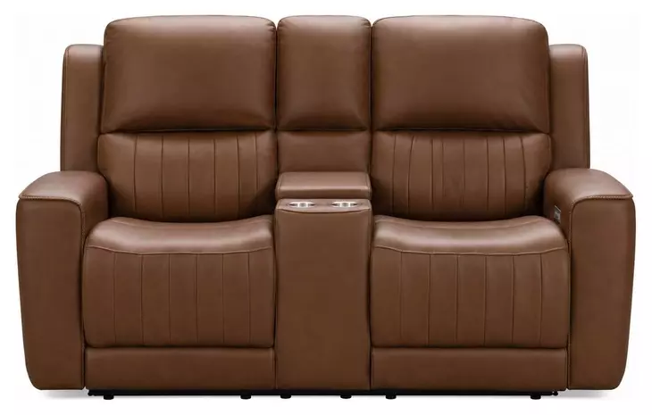 Pierce Homerun Cinnamon Leather 76" Zero Gravity Power Reclining Console Loveseat with Power Lumbar and USB Charging