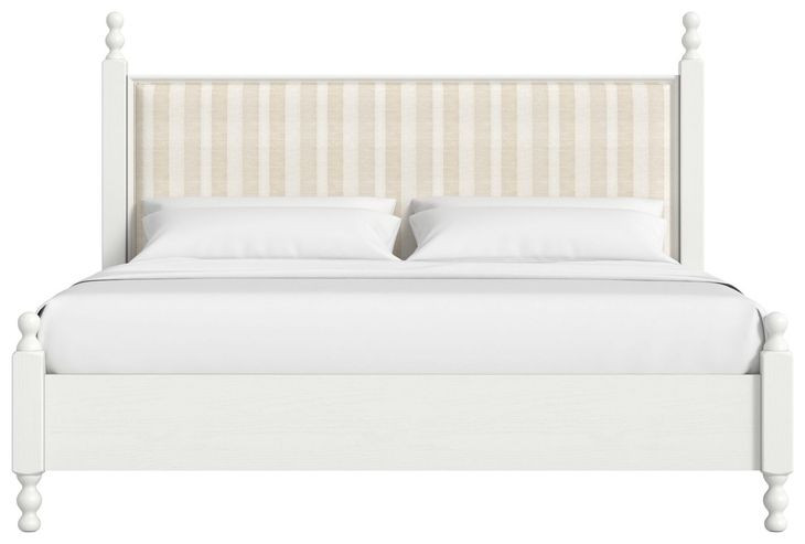 Haven Warm White Queen Upholstered Finial Poster Bed