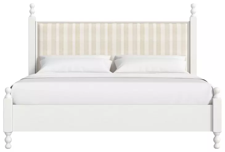 Haven Warm White King Upholstered Finial Poster Bed