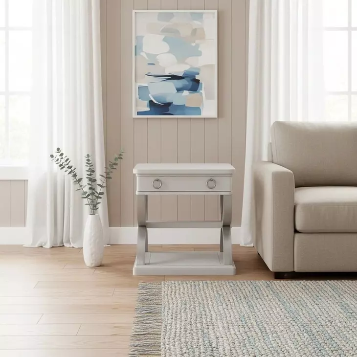 Point Breeze Fresh White and Soft Gray Glaze Rectangular End Table with Metal