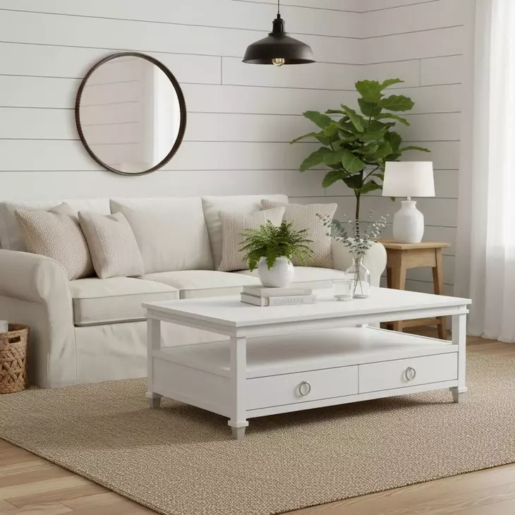 Point Breeze Fresh White and Soft Gray Glaze Rectangular Occasional Table Set with Casters