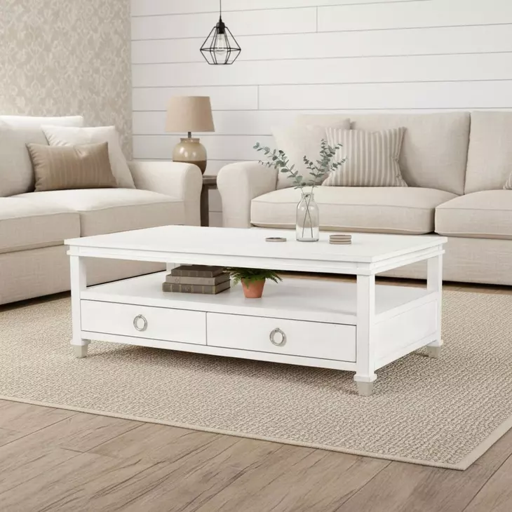 Point Breeze Fresh White and Soft Gray Glaze Rectangular Cocktail Table with Casters