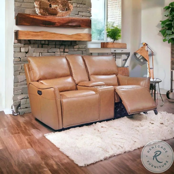 Portland Desert Leather 73" Lay Flat Power Reclining Console Loveseat with Power Headrest and USB Charging