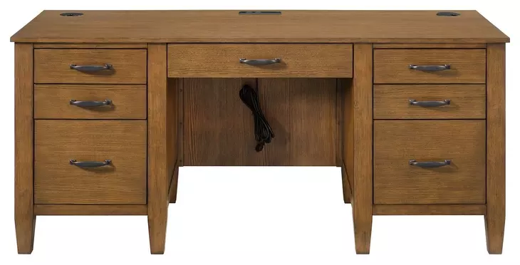 Beth Brown Oak Double Pedestal Desk with USB Charging