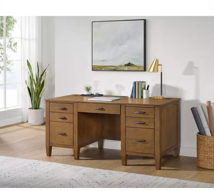 Beth Brown Oak Double Pedestal Desk with USB Charging