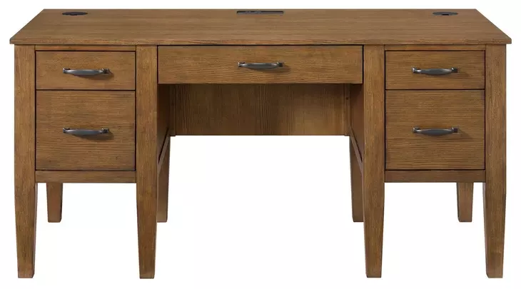 Beth Brown Oak Half Pedestal Desk with USB Charging
