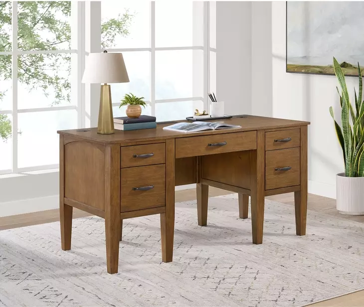 Beth Brown Oak Half Pedestal Desk with USB Charging