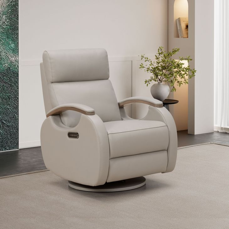 Pratt Gable Dove Leather Swivel Glider Power Recliner with Power Lumbar and USB Charging