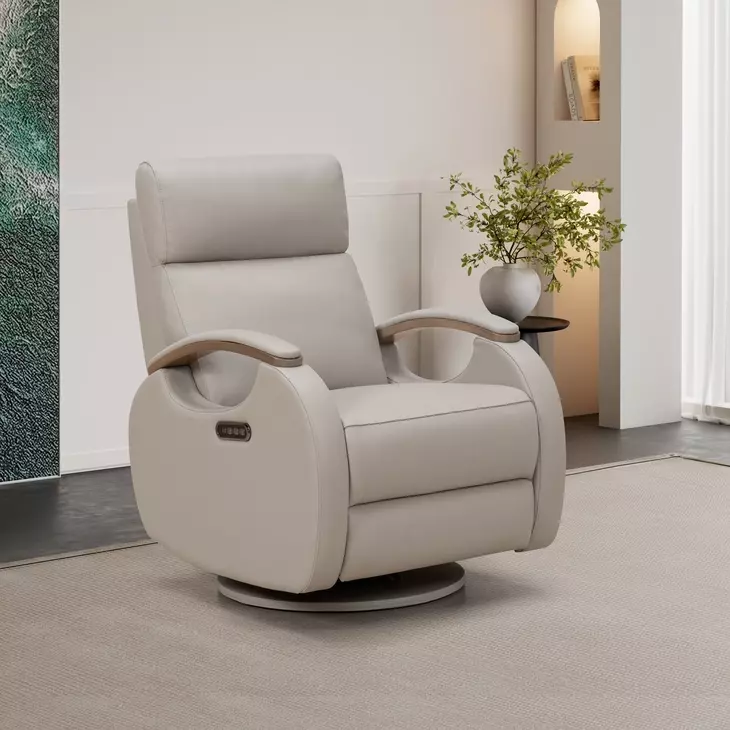 Pratt Gable Dove Leather Swivel Glider Power Recliner with Power Lumbar and USB Charging