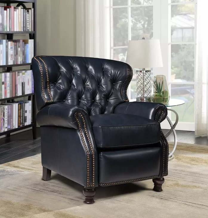 Presidential Shoreham Blue Leather Push Thru The Arms Recliner with Nailhead Trim
