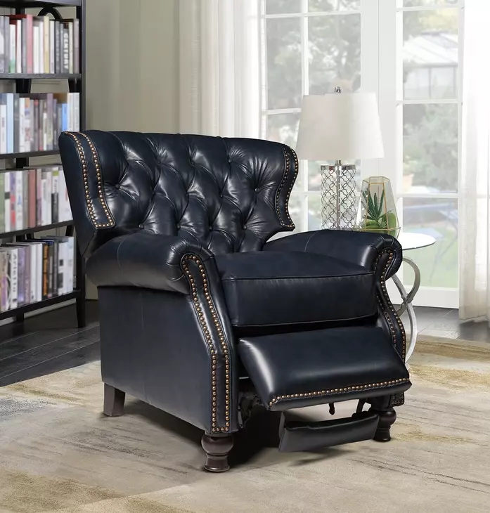 Presidential Shoreham Blue Leather Push Thru The Arms Recliner with Nailhead Trim