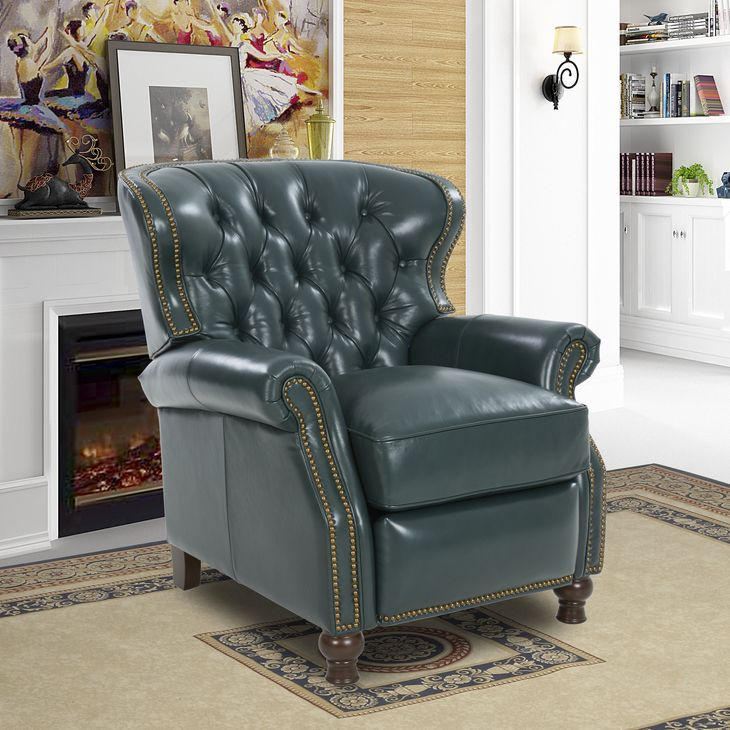 Presidential Highland Emerald Leather Push Thru The Arms Recliner with Nailhead Trim