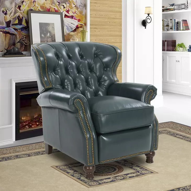 Presidential Highland Emerald Leather Push Thru The Arms Recliner with Nailhead Trim