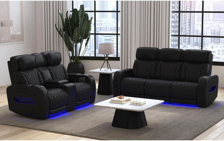 Ascend Black Leather 76" Power Reclining Loveseat with USB Charging and LED