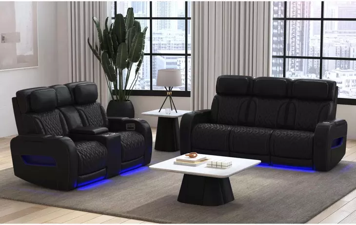 Ascend Black Leather Power Reclining Living Room Set with USB Charging and LED