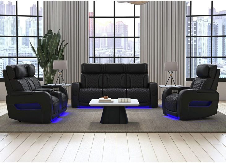 Ascend Black Leather 76" Power Reclining Loveseat with USB Charging and LED