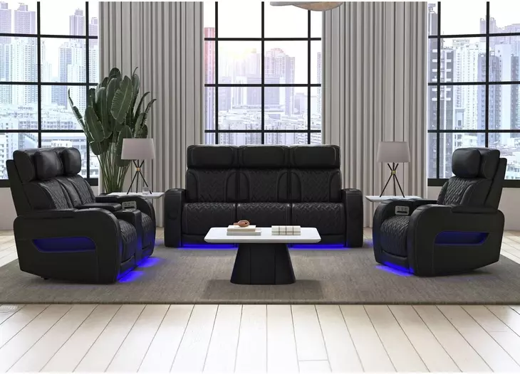 Ascend Black Leather Power Reclining Living Room Set with USB Charging and LED