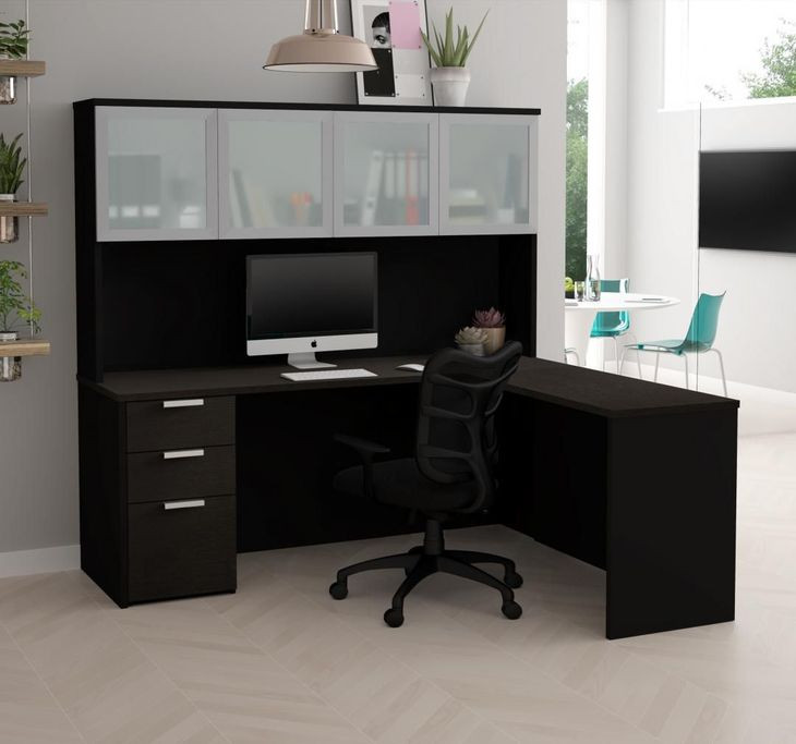 Pro Concept Plus Black and Deep Grey L Desk with Frosted Glass Hutch
