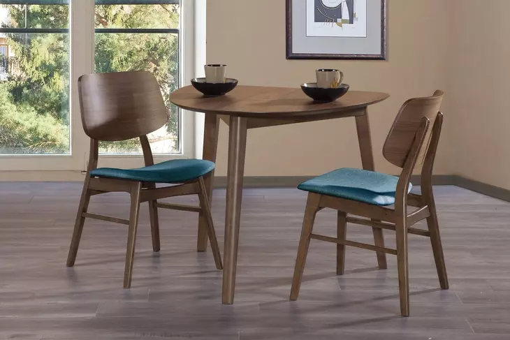 Oscar Walnut and Teal 35" Triangular Corner Dining Set with 2 Cushion Chairs