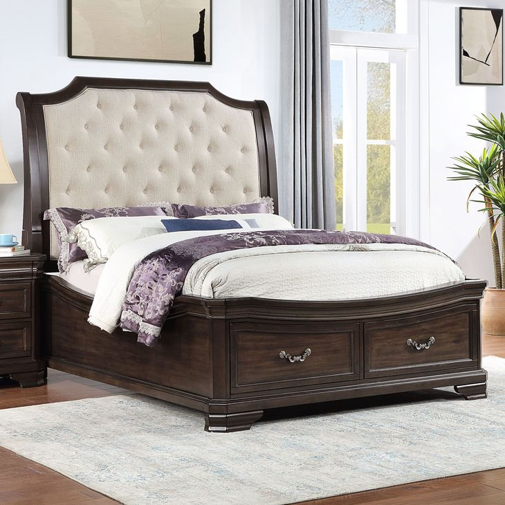Lyndhurst Walnut and Beige Upholstered Storage Sleigh Bedroom Set