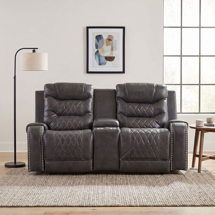 Putnam Gray Double Power Reclining Center Console Loveseat
