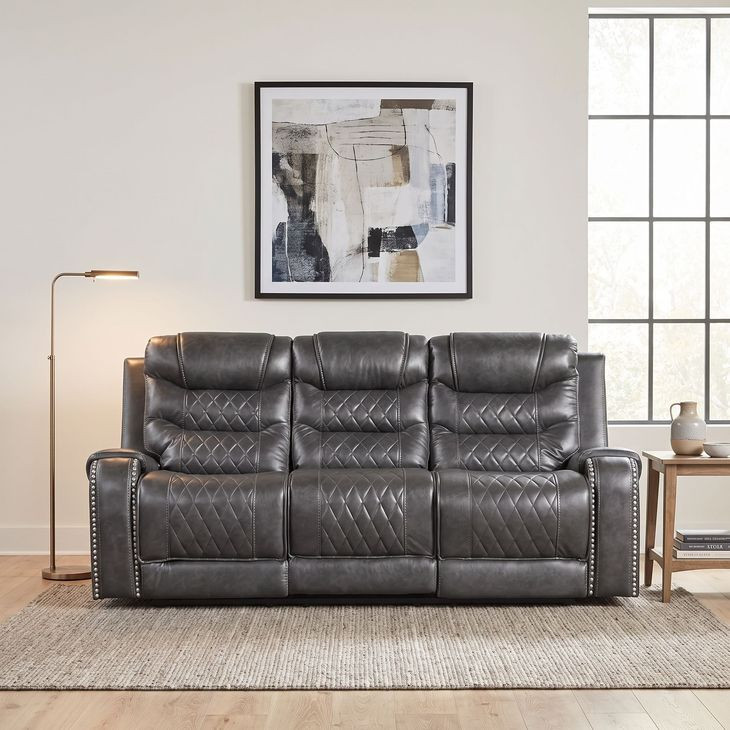 Putnam Gray Double Power Reclining Sofa With Drop-Down Table