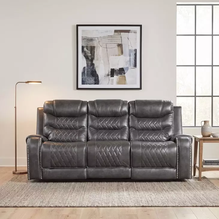 Putnam Gray Double Power Reclining Sofa With Drop-Down Table