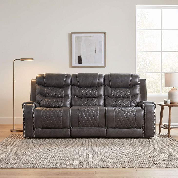 Putnam Gray Double Reclining Sofa With Drop Down Table