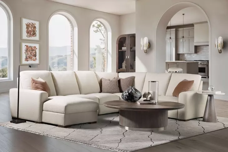 Live Beautifully Beige Performance Fabric 5 Piece Modular Power Reclining Optimus Sectional with Power Headrest