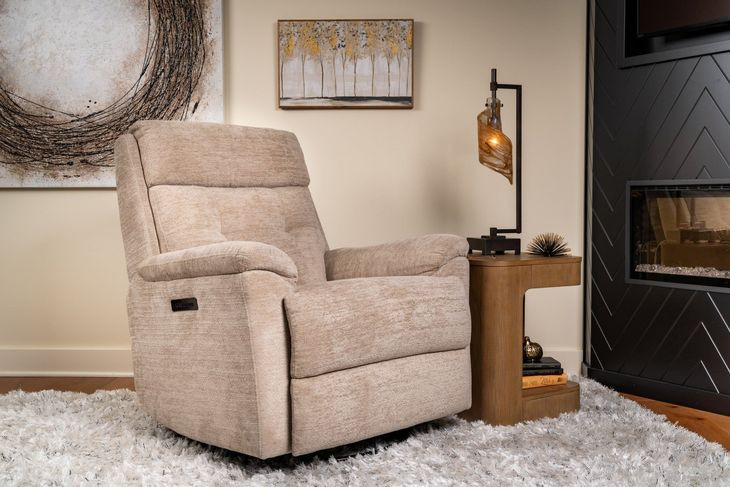 Sophisticated Oat Performance Fabric Swivel Gliding Power Recliner with Power Lumbar and USB Charging