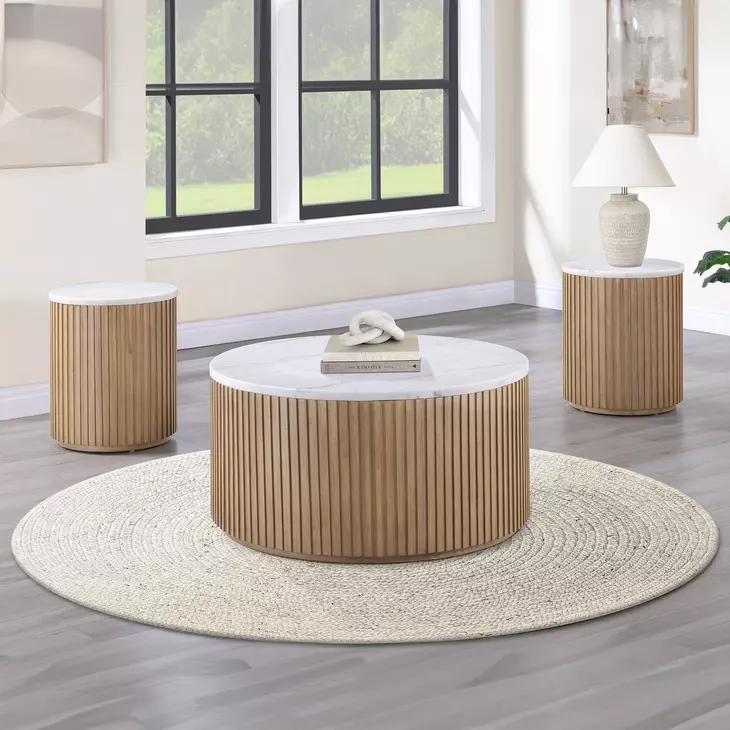 Colvin Brown and White Round Marble Top Ocassional Table