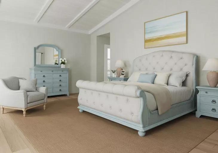 Summer Creek Blue and White Upholstered King Sleigh Bed