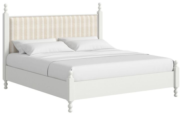 Haven Warm White Queen Upholstered Finial Poster Bed