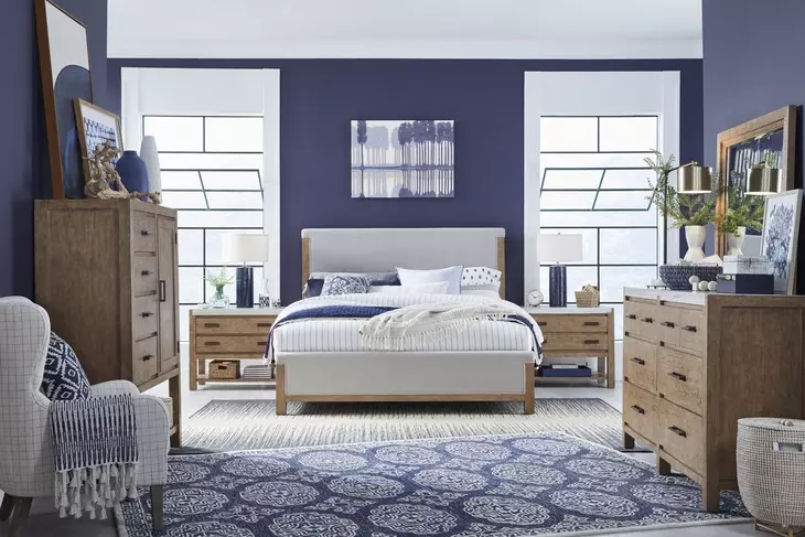 Plum Creek Sierra Brown and Elite Dove Queen Upholstered Panel Bed