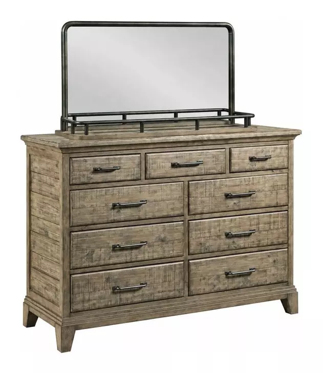 Heritage Timber Sandstone and Gray 9 Drawer Westwood Bureau with Rectangular Landscape Mirror