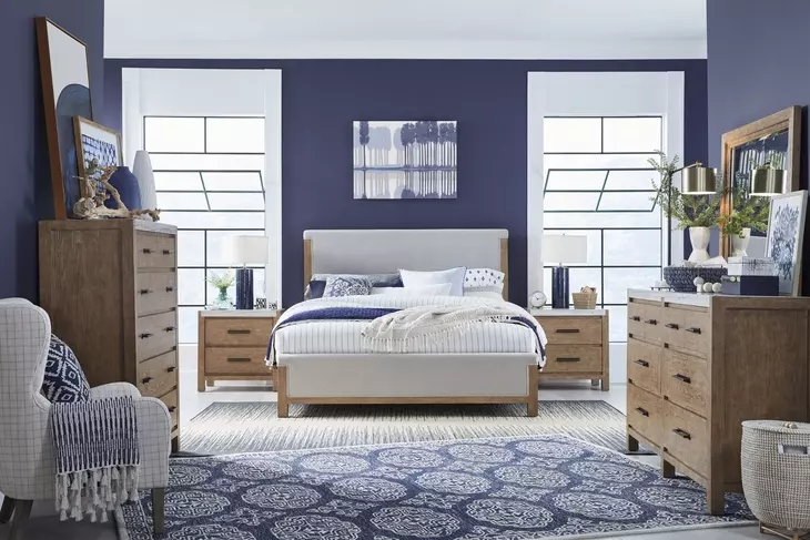 Plum Creek Sierra Brown and Elite Dove Queen Upholstered Panel Bed