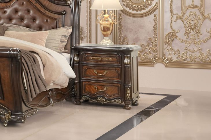 Bella Notte Mahogany Brown 3 Drawer Marble Top Nightstand with USB Charging
