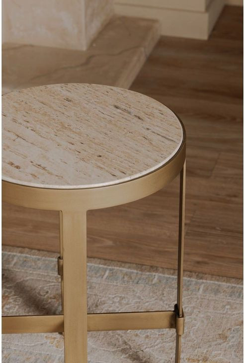 Holli Travertine and Gold Round Side Table