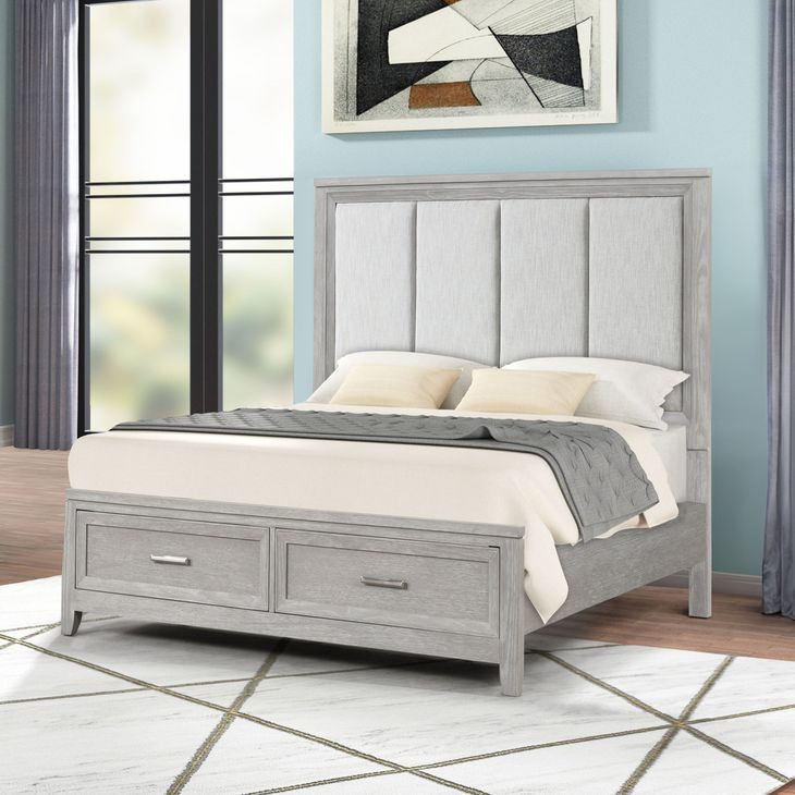 Fiona Mist Gray Queen Upholstered Storage Panel Bed