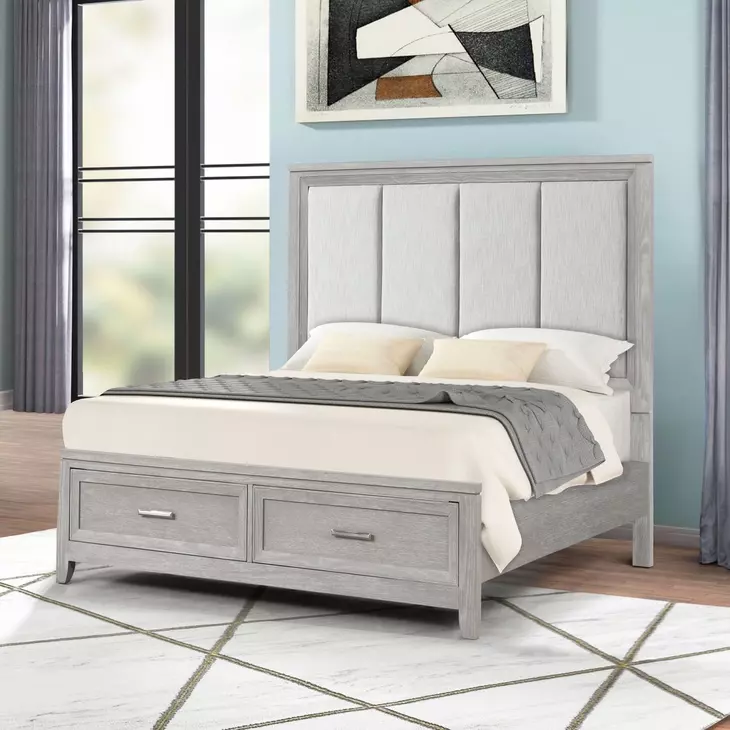 Fiona Mist Gray Upholstered Storage Panel Bedroom Set