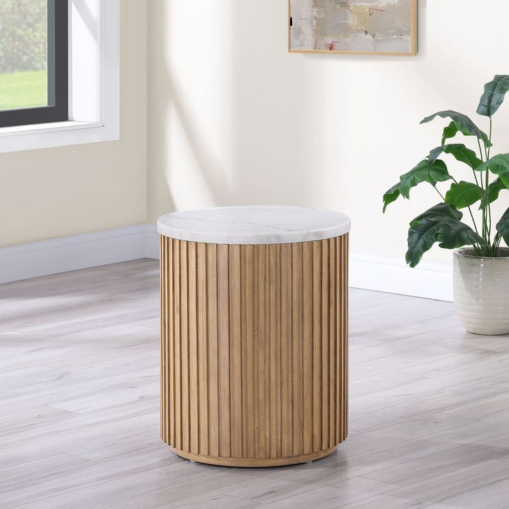 Colvin White and Toffee Round Marble Top End Table