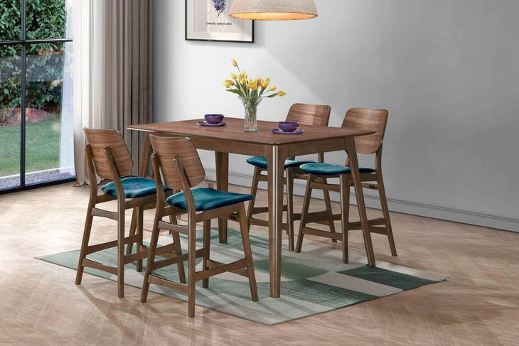 Oscar Walnut and Teal 59" Rectangular Counter Height Dining Set with 4 Cushion Chairs
