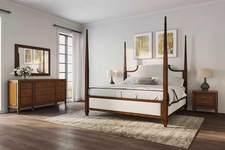 Eave Brown and White Upholstered King Poster Bed