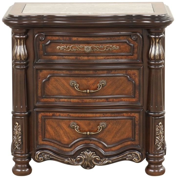 Bella Notte Mahogany Brown 3 Drawer Marble Top Nightstand with USB Charging