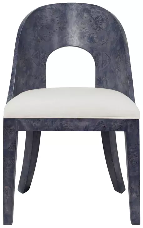 White Linen Performance Fabric Dining Chair With Matte Navy Blue Frame