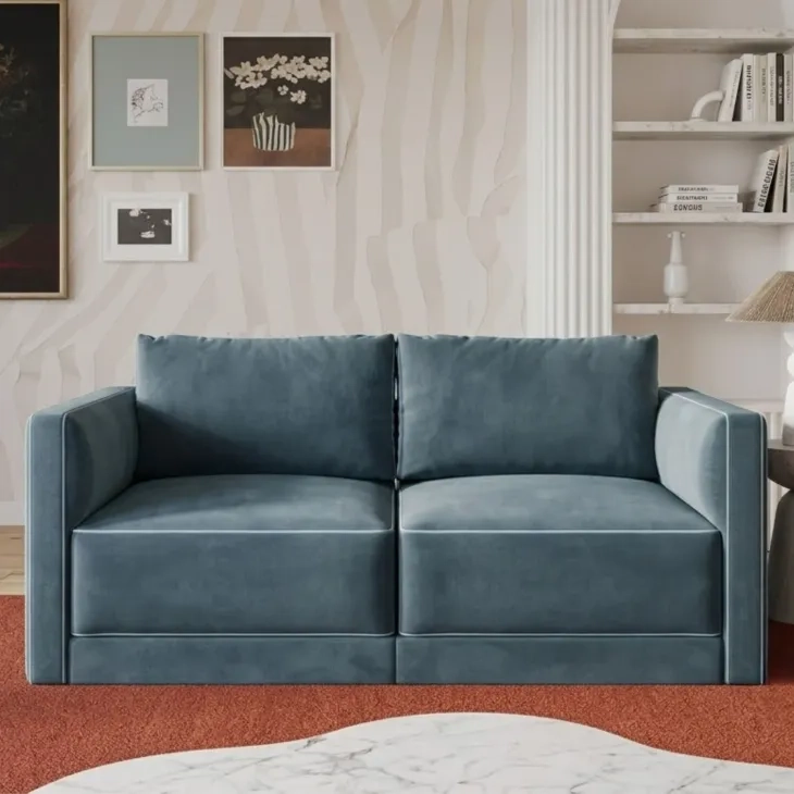 Willow Misty Blue Velvet Modular 74" Loveseat