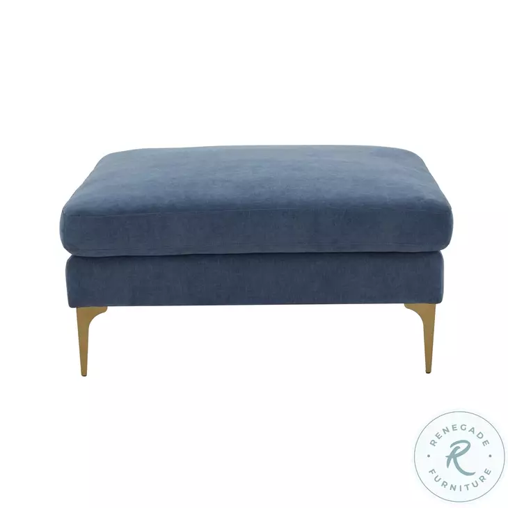 Serena Blue Velvet Ottoman with Brass Legs